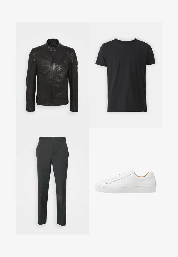 Chaqueta de motocicleta de cuero negro con cuello alzado, detalles acolchados en los hombros, cremallera asimétrica en el frontal y dos bolsillos con cremallera.; Camiseta de manga corta negra, hecha de algodón suave, con un cuello redondo clásico y una textura suave, con un corte recto.; Neil Barrett PLEAT TROUSERS - Pantalones - black; Zapatilla de cuero blanca con un acabado suave, punta redonda, diseño de cordones planos y suela de goma gruesa con un patrón de agarre texturizado.