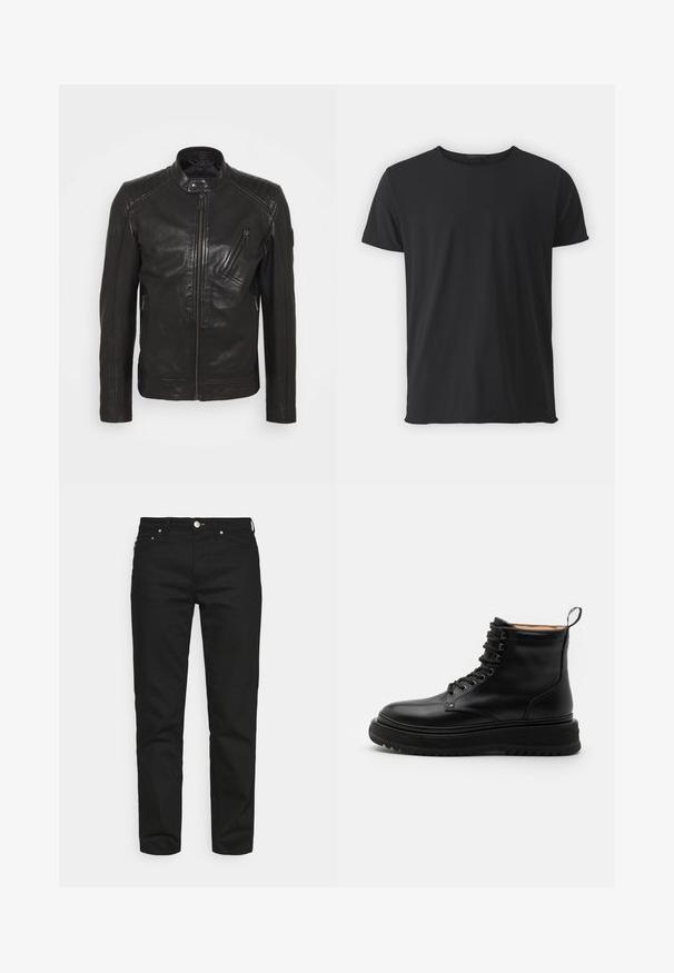 Chaqueta de motocicleta de cuero negro con cuello alzado, detalles acolchados en los hombros, cremallera asimétrica en el frontal y dos bolsillos con cremallera.; Camiseta de manga corta negra, hecha de algodón suave, con un cuello redondo clásico y una textura suave, con un corte recto.; Won Hundred ARCHER - Vaqueros tapered - rinse black; Sneaky Steve SLACK - Botines con cordones - black