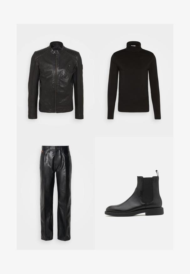 Sort lædermotorcykeljakke med ståkrave, quiltede skulderdetaljer, asymmetrisk frontlynlås og to lynlåslommer.; Sort turtleneck langærmet skjorte lavet af et glat stof med en tætsiddende design og en høj, tætsiddende krave. Ingen mønstre eller accenter synlige.; Sorte læderbukser med lige ben design. Funktioner inkluderer knaplukning og forlommer, der fremhæver en glat tekstur og minimal syning.; Sort læder ankelstøvle med glat overflade, elastiske sidepaneler og en trækstrop. Rund tå og flad gummisål med minimal mønster.