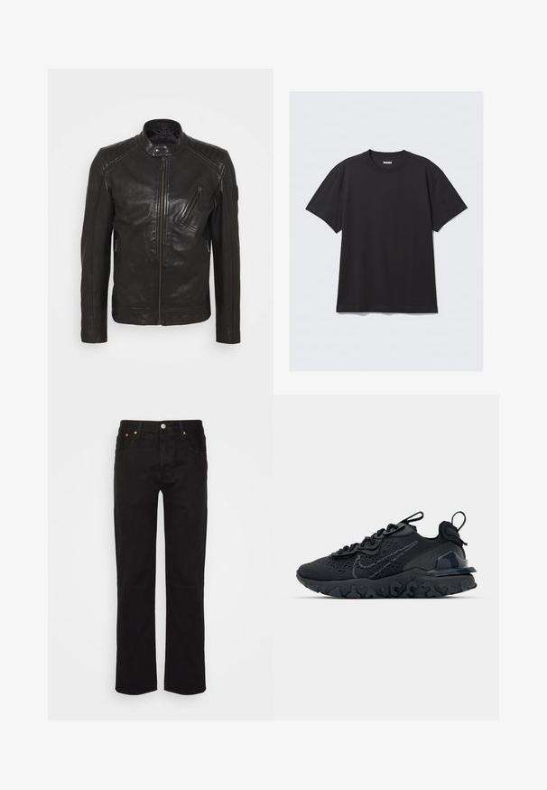 Chaqueta de motocicleta de cuero negro con cuello alzado, detalles acolchados en los hombros, cremallera asimétrica en el frontal y dos bolsillos con cremallera.; Camiseta de algodón de manga corta en color negro. Cuenta con un cuello redondo y un corte relajado. Diseño sencillo sin patrones ni acentos visibles.; Vaqueros negros de pierna recta hechos de algodón. Cuenta con cinco bolsillos, un botón de metal y costuras naranjas en la parte delantera.; Zapato deportivo negro con una parte superior de malla transpirable, acentos texturizados y una suela de goma ondulada. Presenta un logotipo reflectante y un sistema de cordones.