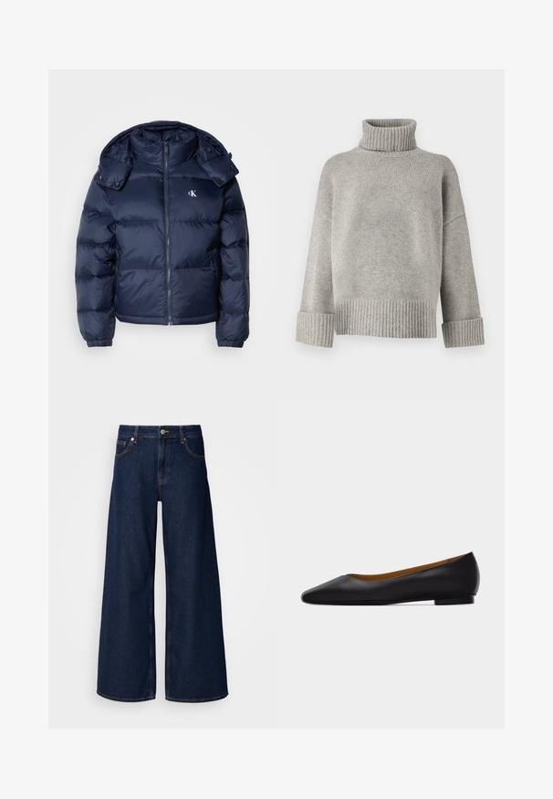 Mørkeblå puffjakke med lynlås foran, aftagelig hætte og elastiske manchetter. Har et subtilt logo på brystet og quiltet tekstur.; Grå turtleneck sweater lavet af blødt strikmateriale med ribbede manchetter og kant. Har en afslappet pasform og en struktureret halsudskæring.; Bredde ben mørkeblå denimbukser med høj talje, frontlommer og knaplukning. Har kontrastsyninger og en glat tekstur.; Sort læder flad sko med spids tå, lav hæl og glat finish, vist fra siden på en lysegrå baggrund.