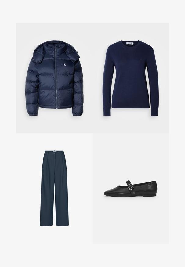 Mørkeblå puffjakke med lynlås foran, aftagelig hætte og elastiske manchetter. Har et subtilt logo på brystet og quiltet tekstur.; Marineblå crewneck sweatshirt lavet af strikket stof. Har lange ærmer og ribbet kant. Lacoste-logo i matchende farve på brystet.; Bredde ben bukser i mørk navy stof, med høj talje, forreste læg og en enkelt knaplukning. Glat tekstur uden mønstre.; Sorte læder flade sko med rund tå, et enkelt justerbart spænde og en glat, blank overflade. Minimalistisk design med en lav hæl.