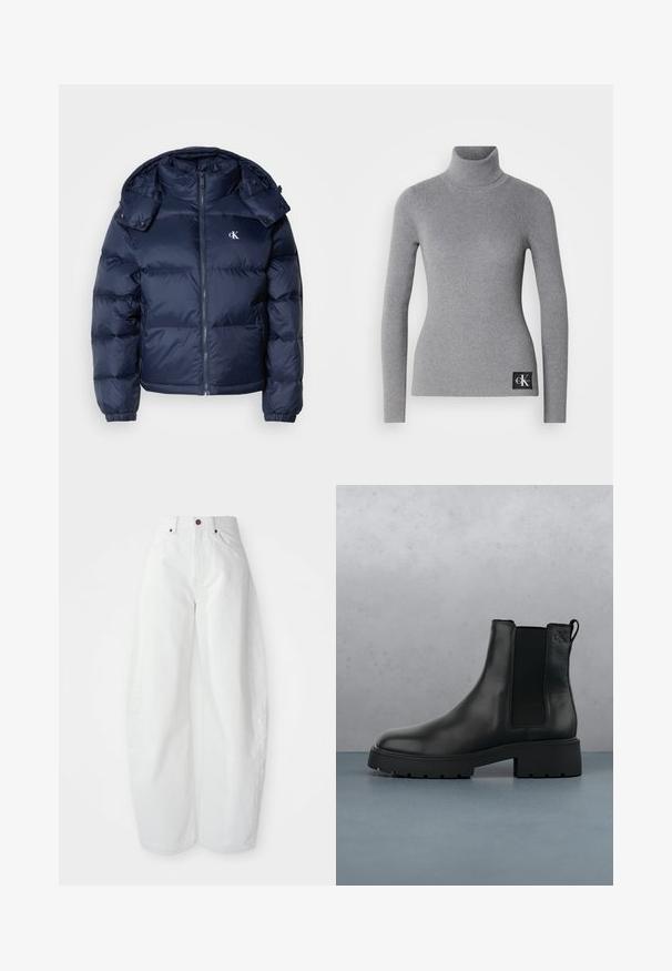 Mørkeblå puffjakke med lynlås foran, aftagelig hætte og elastiske manchetter. Har et subtilt logo på brystet og quiltet tekstur.; Grå ribbet turtleneck trøje med lange ærmer, tætsiddende design og et sort mærke med hvide initialer i bunden.; Højtaljede hvide denimbukser med løs pasform. Har en knaplukning, sidelommer og et minimalistisk design. Glat tekstur.; Sort læder Chelsea-boot med elastiske sidepaneler, tekstureret finish og en robust sål, placeret over brune træfliser med småsten.
