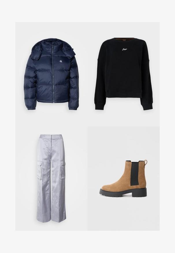 Mørkeblå puffjakke med lynlås foran, aftagelig hætte og elastiske manchetter. Har et subtilt logo på brystet og quiltet tekstur.; Sort langærmet sweatshirt med ribbede manchetter og kant, med lille hvid "Boss"-logo centreret på brystet.; Lysegrå bred-leg cargo bukser lavet af glat stof, med sidelommer, skræddersyet talje og uden synlige hængsler eller lynlåse.; Brune ruskindsankelt støvle med sort elastisk sidelæbe, kraftig sort sål, trækplade bagpå og prægede "cK" logo nær anklen.