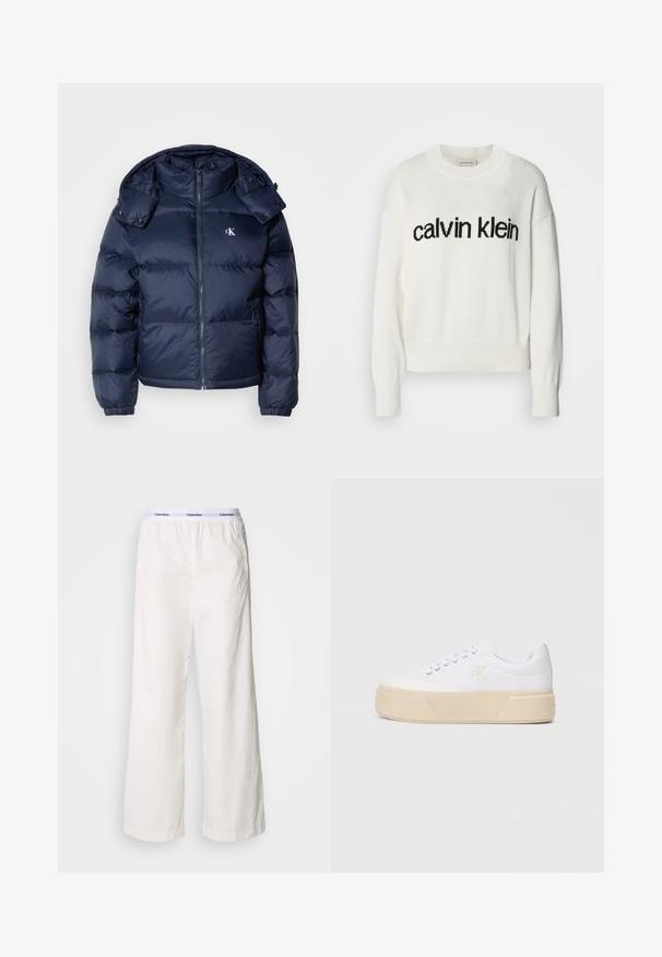 Dunkelblauer Pufferjacke mit durchgehendem Reißverschluss, abnehmbarer Kapuze und elastischen Bündchen. Besitzt ein dezentes Logo auf der Brust und eine gesteppten Textur.; Weißer Strickpullover mit rundem Ausschnitt und langen Ärmeln, ausgestattet mit einem schwarzen "calvin klein" Logo auf der Brust. Weiche Textur, cropped Schnitt.; Weiße weite Hosen mit einem elastischen Bund, der ein kontrastierendes Calvin Klein-Logo trägt. Hergestellt aus glattem Stoff bieten sie eine lockere Passform.; Weiße Leinenschuhe mit einer massiven beigefarbenen Plattformsohle, die ein dezentes gesticktes Logo an der Seite und ein klassisches Schnürdesign aufweisen.