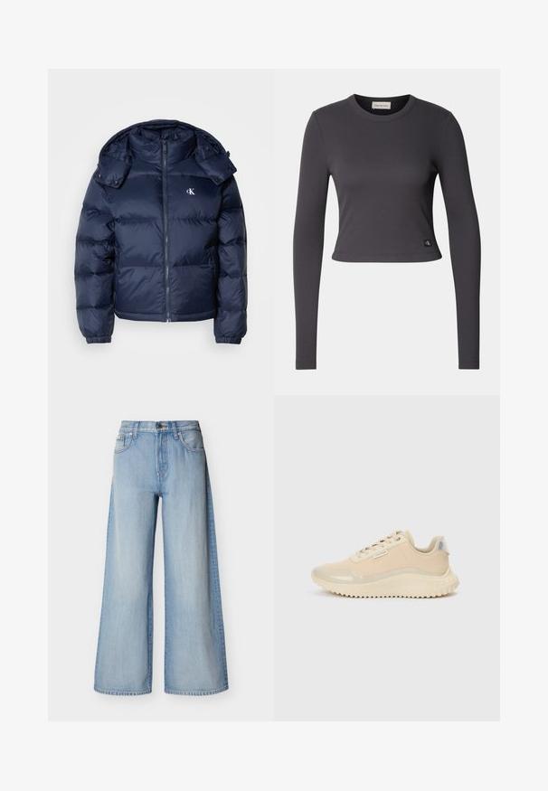 Marineblauwe pufferjas met een ritssluiting aan de voorkant, afneembare capuchon en elastische manchetten. Beschikt over een subtiel logo op de borst en een gestikt patroon.; Langharig, cropped top in donkergrijze ribbelstof met een ronde halslijn en een klein logo-opdruk aan de onderkant. Gladde textuur, aansluitend ontwerp.; Lichtblauwe wijde jeans van denimstof, met hoge taille en knoopsluiting, met klassieke vijfzakken en gestikte details.; Beige sneakers met een gladde lakneuzen en bovenkant, gedetailleerd met een gestructureerde midschoolzool en een rubberen loopzool. Voorzien van een merklabel.