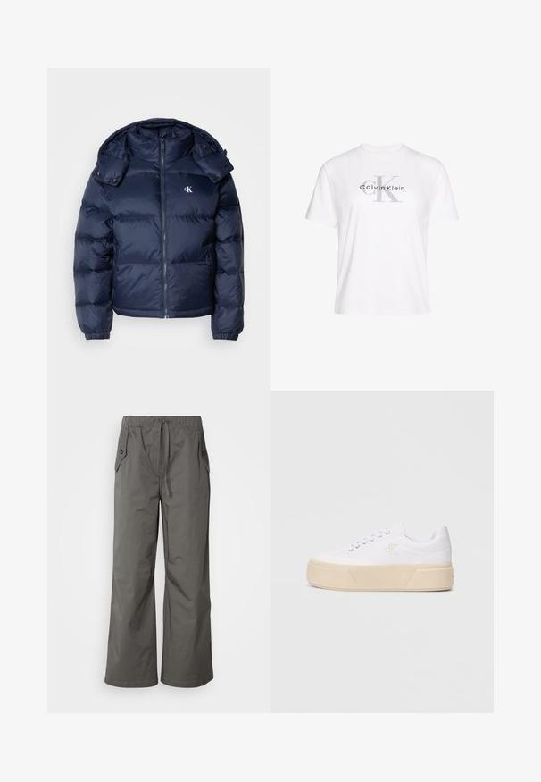 Mørkeblå puffjakke med lynlås foran, aftagelig hætte og elastiske manchetter. Har et subtilt logo på brystet og quiltet tekstur.; Hvid bomulds-T-shirt med korte ærmer, med et gråt trykt "Calvin Klein"-logo og et fremtrædende "K"-design i midten.; Grå vide benbukser lavet af letvægtsstof, der har elastisk talje, snor og to sidelommer med knap-accenter.; Hvide kanvas sneakers med en kraftig beige platformsål, der har et diskret broderet logo på siden og klassisk snørebåndsdesign.