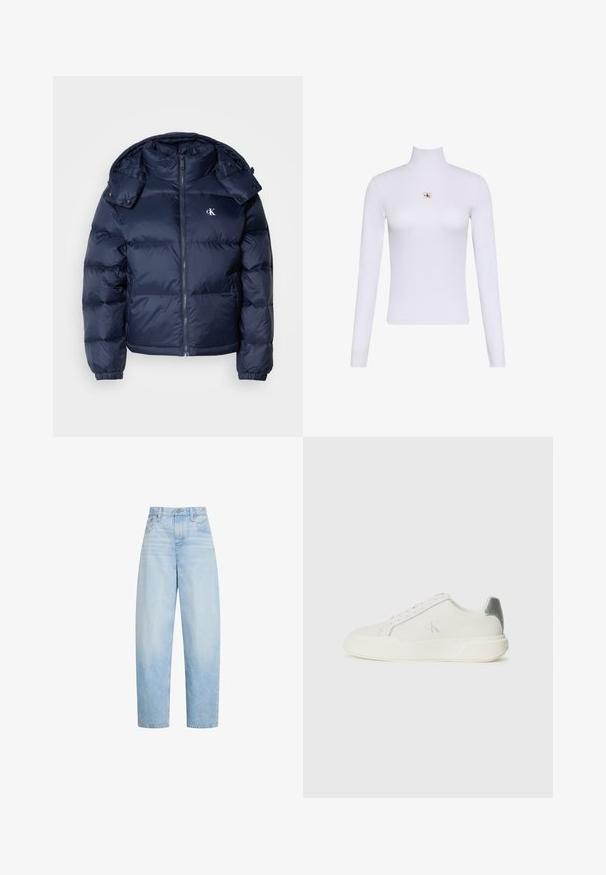 Dunkelblauer Pufferjacke mit durchgehendem Reißverschluss, abnehmbarer Kapuze und elastischen Bündchen. Besitzt ein dezentes Logo auf der Brust und eine gesteppten Textur.; Weißes Langarm-Turtleneck-Top mit einem kleinen Calvin Klein Logo-Patch zentral auf der Brust.; Hellblaue Jeans mit hohem Bund und geradem Bein, mit vorderen Taschen, Gürtelschlaufen und einem Knopfverschluss.; Weißer Sneaker aus Leder mit glatter Textur, ausgestattet mit einem silbernen Akzent an der Ferse, flacher Sohle und minimalistischem Design.