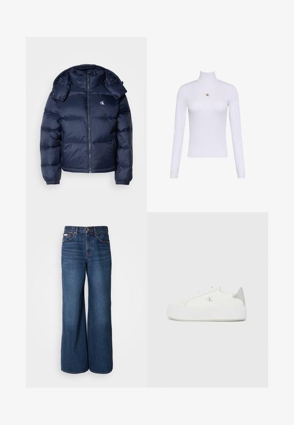 Mørkeblå puffjakke med lynlås foran, aftagelig hætte og elastiske manchetter. Har et subtilt logo på brystet og quiltet tekstur.; Hvid langærmet rullekravetrøje med en lille Calvin Klein logo lap placeret centralt på brystet.; Bredde jeans lavet af mørkeblåt denim. Funktioner inkluderer en høj talje, fem lommer og kontrasterende orange syninger langs sømmene.; Hvide lærredssneakers med en tyk hvid sål, prydet med en metallic sølvaccent på hælen og en diskret logo-detalje på siden.