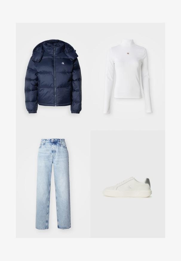 Marineblauwe pufferjas met een ritssluiting aan de voorkant, afneembare capuchon en elastische manchetten. Beschikt over een subtiel logo op de borst en een gestikt patroon.; Witte turtleneck met lange mouwen, gemaakt van ribbelstof. Bevat een klein geborduurd logo in het midden. Aansluitend ontwerp zonder patronen.; Lichtblauwe high-waisted jeans met een losse pasvorm, met rechte pijpen, vijf zakken en een klassieke knoop- en ritssluiting.; Witte sneaker van leer met een gladde textuur, featuring een zilveren accent op de hiel, een platte zool en een minimalistisch ontwerp.