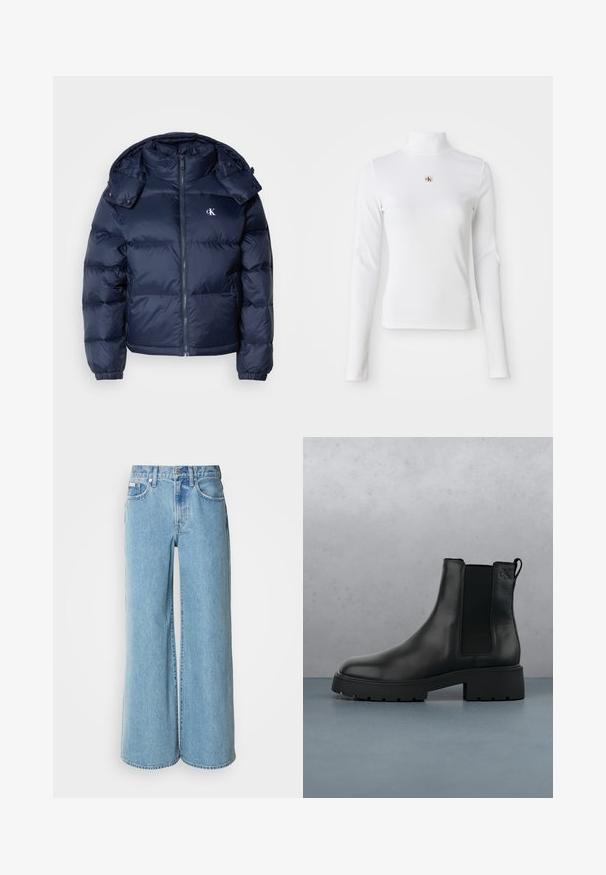 Marineblauwe pufferjas met een ritssluiting aan de voorkant, afneembare capuchon en elastische manchetten. Beschikt over een subtiel logo op de borst en een gestikt patroon.; Witte turtleneck met lange mouwen, gemaakt van ribbelstof. Bevat een klein geborduurd logo in het midden. Aansluitend ontwerp zonder patronen.; Lichtblauwe wijde jeans van denim, met een hoge taille, vijf pockets en subtiele vervaging langs de stof.; Zwarte leren Chelsea-boot met elastische zijpanelen, gestructureerde afwerking en een robuuste zool, gepositioneerd boven bruine houten tegels met steentjes.