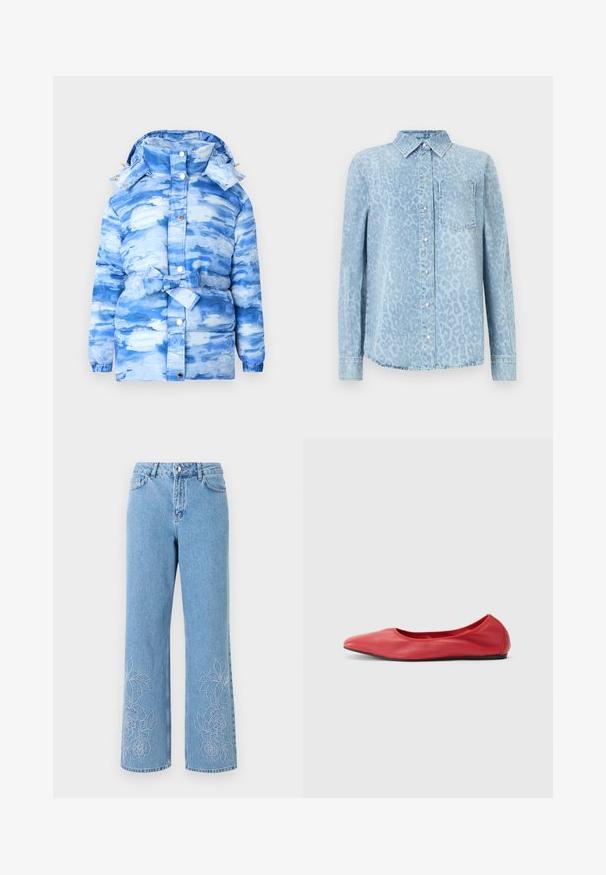 Blå pufferjakke med et skymønster, hætte og belagt talje. Fremstillet af glansfuldt, tekstureret materiale med trykknapper.; Lyseblå denimskjorte med leopardprintmønster, krave, lange ærmer, knaplukning foran og en brystlomme. Struktureret finish.; Lyseblå jeans med lige ben, forlommer og hvidt blomsterbroderi nær bunden på begge ben.; Filippa K REY FLATS - Ballerinasko - bright red