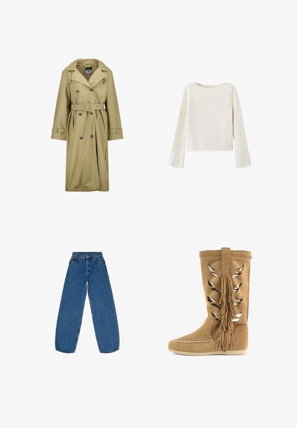 Gabardina impermeable beige con frente de doble botonadura, cinturón en la cintura y puños abotonados. Presenta un cuello clásico y bolsillos laterales.; Jersey de manga larga color blanco hueso con un amplio escote redondo y mangas ligeramente acampanadas, hecho de tejido de punto suave.; Jeans de denim azul con un corte holgado, cintura alta, piernas rectas y diseño tradicional de cinco bolsillos con cierre de botón.; Bota de ante color canela hasta media pantorrilla con patrones de hojas cortados con láser, adorno trenzado, grandes borlas laterales, costuras estilo mocasín en la puntera y suela plana.