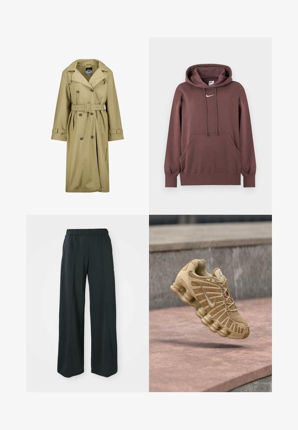 Beige vedenkestävä trench-coat, jossa on kaksirivinen etuosa, vyö vyötäröllä ja napitetut hihansuut. Ominaisuuksiin kuuluu klassinen kaulus ja sivutaskut.; Ruskea huppari, jossa edessä kengurutasku, kiristettävä huppu, resorit hihansuissa ja helmassa sekä pieni valkoinen Nike-logo rinnassa.; Mustat, leveälahkeiset urheiluhousut, joissa on joustava vyötärö. Valmistettu sileästä, joustavasta kankaasta, jossa on huomaamattomat etusaumat ja ei taskuja.; Beigen värinen urheilukenkä, jossa on verkkopäällinen ja tukeva rakenne, pehmustettu pohja näkyvillä ilmayksiköillä ja teksturoidut yksityiskohdat.