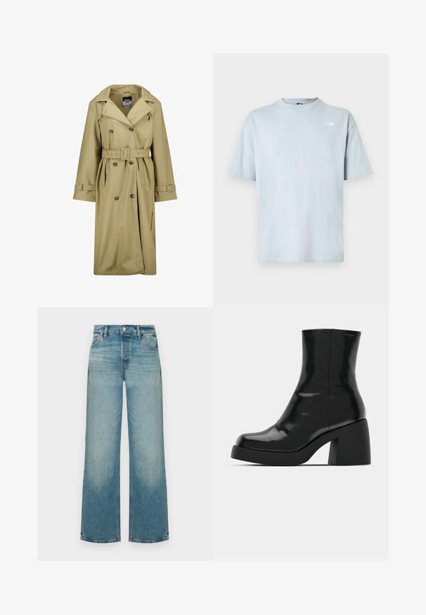 Beige vedenkestävä trench-coat, jossa on kaksirivinen etuosa, vyö vyötäröllä ja napitetut hihansuut. Ominaisuuksiin kuuluu klassinen kaulus ja sivutaskut.; Vaaleansininen lyhythihainen puuvillainen T-paita. Pyöreä kaula-aukko, rento istuvuus, vasemmassa rinnassa pieni valkoinen logo. Sileä pinta.; Vaaleansiniset korkeavyötäröiset leveälahkeiset farkut, joissa edessä napit ja vetoketju sekä etutaskut, esitetty yksivärisellä taustalla.; Mustat nilkkurit, joissa on kiiltävä pinta, neliön muotoinen kärki ja paksu lohkoheel. Muotoilussa on saumatonta siluettia ja vähäistä brändäystä.