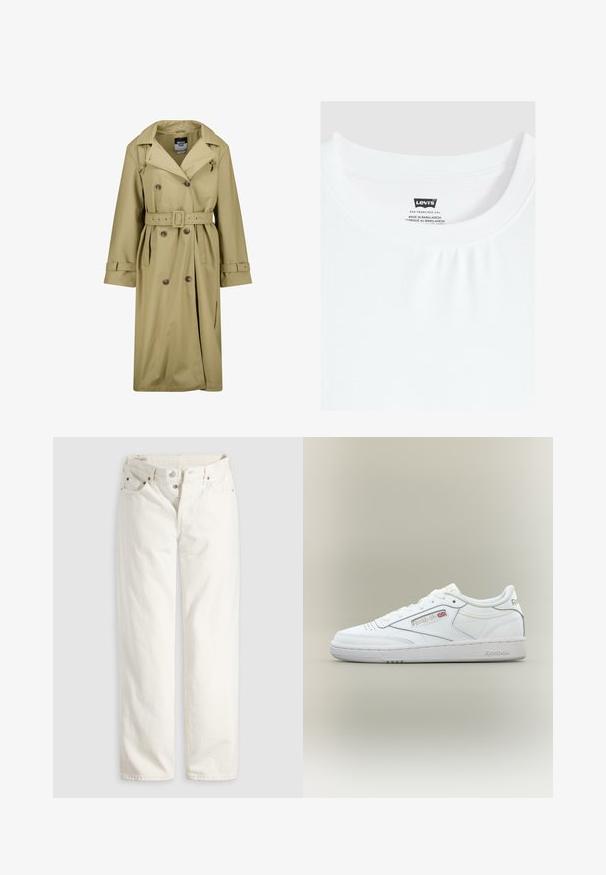 Gabardina impermeable beige con frente de doble botonadura, cinturón en la cintura y puños abotonados. Presenta un cuello clásico y bolsillos laterales.; Camiseta blanca de cuello redondo con etiqueta de la marca Levi's cosida en el interior del cuello, fabricada en Bangladesh.; Vaqueros blancos de talle alto con pierna recta, cremallera de botones, bolsillos delanteros y traseros, y remaches de cobre visibles en las esquinas de los bolsillos.; Zapatilla blanca Reebok de corte bajo con detalles de costuras, perforaciones cerca de los dedos y logo de Reebok con una pequeña bandera del Reino Unido en el lateral.