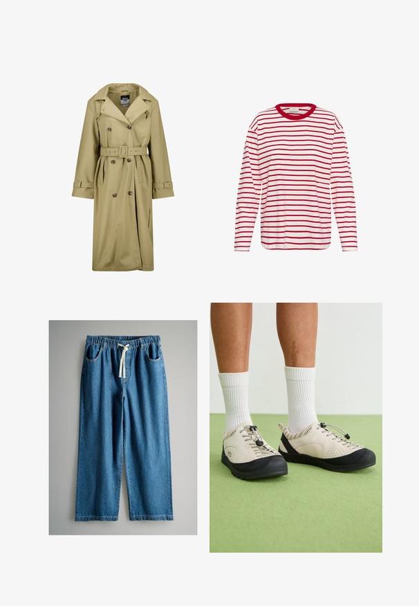 Beige wasserdichter Trenchcoat mit doppelreihiger Front, Gürtel in der Taille und geknöpften Manschetten. Verfügt über einen klassischen Kragen und Seitentaschen.; Langärmliges T-Shirt mit roten und weißen horizontalen Streifen, rundem Ausschnitt mit rotem Besatz und lässiger Passform. Weiche Stoffstruktur.; Blaue Denim-Hosen mit weitem Bein, elastischem Bund und Kordelzug. Verfügt über zwei seitliche Taschen und ein lässiges Design.; Beige Schuhe mit schwarzen Akzenten, Netzseitenteilen und einem sicheren Schnürzug. Dicke Gummisohlen mit strukturiertem Profil. Tragen mit weißen Socken.