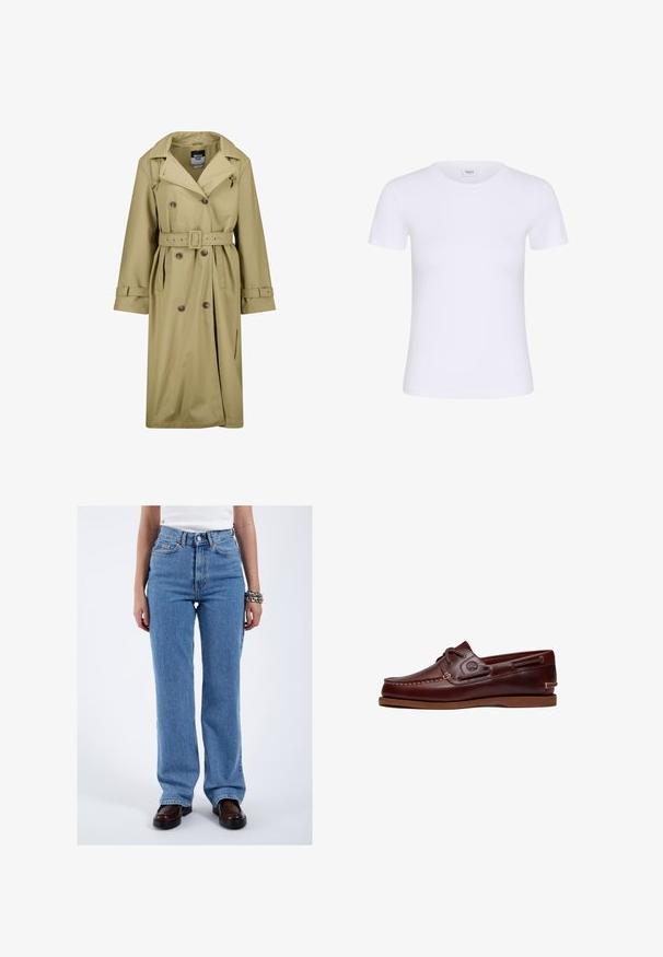 Gabardina impermeable beige con frente de doble botonadura, cinturón en la cintura y puños abotonados. Presenta un cuello clásico y bolsillos laterales.; Camiseta blanca lisa de manga corta y cuello redondo con una pequeña etiqueta que dice "Saint" en el interior del cuello, mostrada sobre un fondo blanco.; Persona con vaqueros rectos de tiro alto azul claro, camiseta blanca, zapatos marrón oscuro y pulseras de cadena plateadas en la muñeca derecha.; Zapato náutico de cuero marrón con cordones, detalles de costura y logo de Timberland en el lateral, mostrado sobre un fondo blanco.