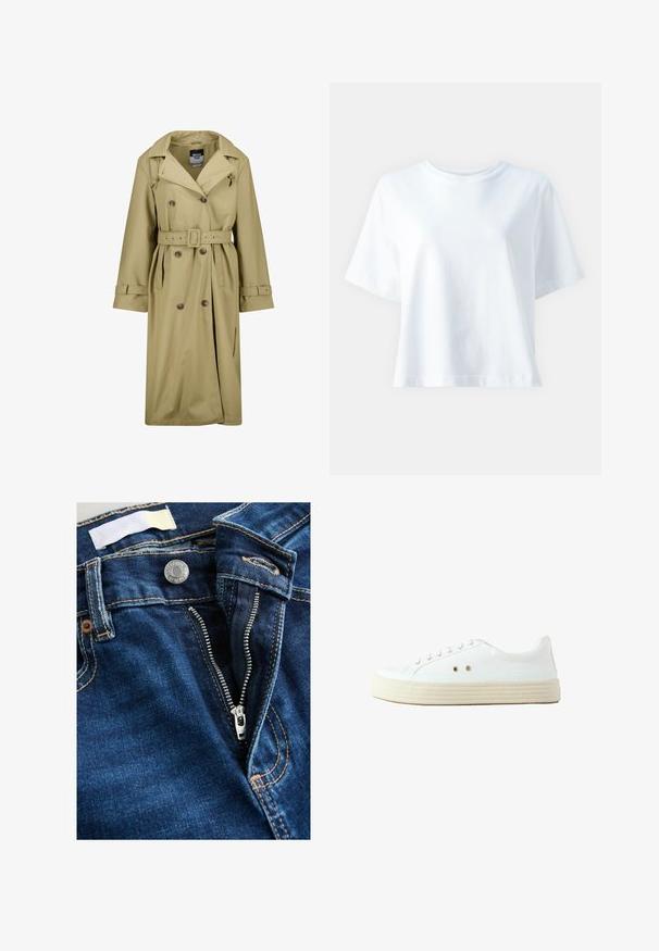 Beige wasserdichter Trenchcoat mit doppelreihiger Front, Gürtel in der Taille und geknöpften Manschetten. Verfügt über einen klassischen Kragen und Seitentaschen.; Weißes Baumwoll-T-Shirt mit Rundhals, kurzen Ärmeln, lockerer Passform und glatter Textur. Keine Muster oder Akzente sichtbar.; Blaue Jeans aus Denim mit einem silbernen Reißverschluss, einer kupferfarbenen Knopfleiste und kontrastierender Naht; zeichnet sich durch eine weiche Textur und ein klassisches Fünf-Taschen-Design aus.; Weißer Leinenschuh mit dicker, gewebter Jutsohle. Merkmale sind runde Spitze, Schnürung vorne und kleine Ösen an den Seiten.