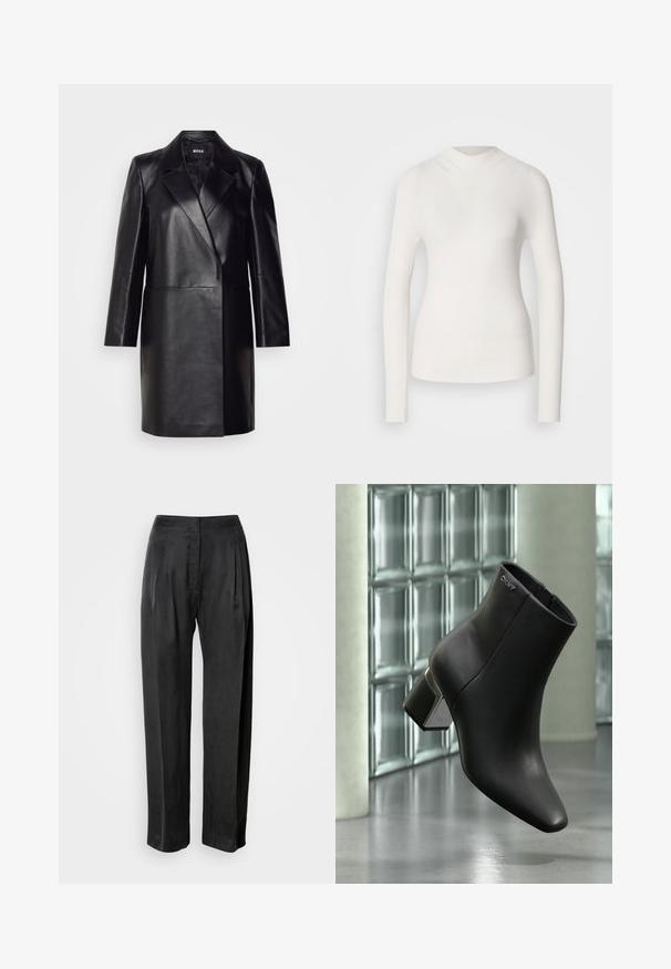 Blazer en cuir noir avec un col cranté, fermeture à un bouton et manches longues. Présente une texture lisse et une coupe ajustée.; Haut à manches longues blanc avec un col haut, texture côtelée et design ajusté. Présente un aspect sans couture et une subtile forme en V à l'avant.; Pantalon noir à jambes larges en tissu lisse, avec plis sur le devant, braguette zippée et ceinture classique.; Bottine en cuir noir à talon bloc, logo DKNY près du haut, exposée devant un mur en blocs de verre et un sol en béton poli.