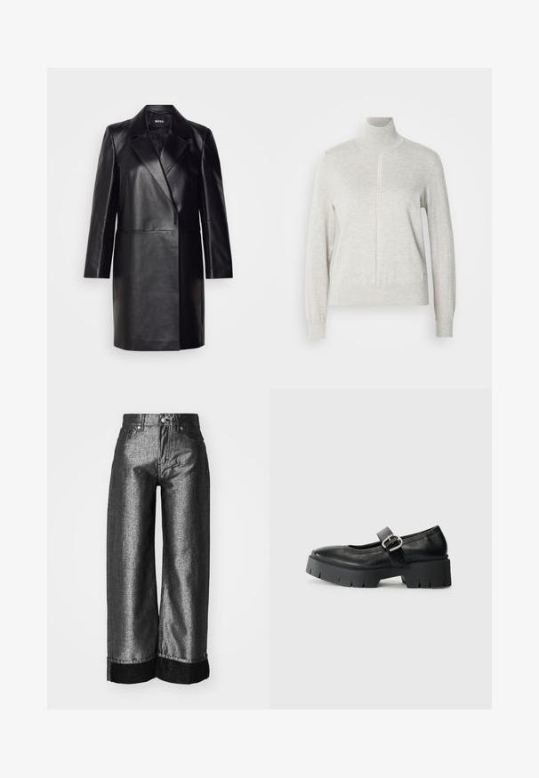 Blazer en cuir noir avec un col cranté, fermeture à un bouton et manches longues. Présente une texture lisse et une coupe ajustée.; Pull léger gris avec un col haut et une fermeture éclair quart. Fabriqué à partir d'un matériau doux et texturé, il présente des manches longues et un ourlet ajusté.; Jeans à jambes larges en denim gris métallique foncé avec une texture lisse. Comprend un revers en denim noir et une fermeture à bouton classique avec passants de ceinture.; Chaussures Mary Jane noires en cuir avec une semelle plateforme épaisse, bout rond et détail de boucle sur le côté. Texture lisse avec des coutures minimalistes.