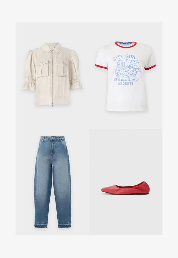 Blusa de manga corta color crema con cuello, cremallera frontal, dos bolsillos con botón y detalle fruncido en los bordes de las mangas. Tejido suave.; Camiseta blanca de manga corta con ribete rojo, estampado azul de pizza, hamburguesa, cerveza y texto "CITY GIRL PIZZA TODO ESTÁ BIEN, NOSOTROS ENTREGAMOS."; Jeans de mezclilla azul claro con cintura alta, corte suelto, diseño de cinco bolsillos y dobladillos deshilachados. Presenta costuras clásicas y cremallera en la bragueta.; Filippa K REY FLATS - Bailarinas - bright red