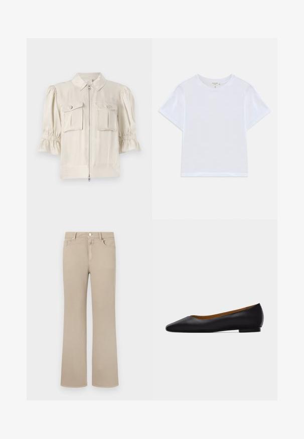 Crème-kleurige blouse met korte mouwen en een kraag, ritssluiting aan de voorkant, twee knoopzakken en geraffineerde details aan de mouwranden. Glad materiaal.; Witte cropped t-shirt van zacht katoen, met een ronde hals en korte mouwen in een iets ontspannen pasvorm. Geen patronen of accenten.; Beige flare jeans van zacht katoen. Voorzien van een klassiek vijf-zakken ontwerp, knoopsluiting en nette stiksels langs de randen.; Zwarte leren puntschoen met lage hak en gladde afwerking, zijaanzicht op een lichtgrijze achtergrond.