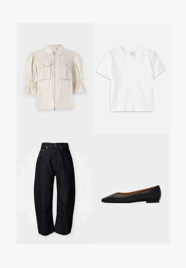 Blusa de manga corta color crema con cuello, cremallera frontal, dos bolsillos con botón y detalle fruncido en los bordes de las mangas. Tejido suave.; Camiseta de algodón blanca con cuello redondo, mangas cortas y dobladillo recto. Etiqueta con la marca "Won Hundred" en el centro del escote.; Jeans de mezclilla oscura con un corte relajado, que presentan costuras naranjas sutiles, bolsillos frontales y una cinturilla plana con un cierre de botón.; Zapato plano de punta puntiaguda de cuero negro con tacón bajo y acabado liso, mostrado de perfil sobre un fondo gris claro.
