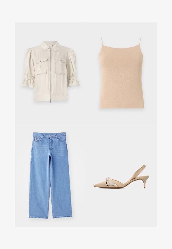 Blusa de manga corta color crema con cuello, cremallera frontal, dos bolsillos con botón y detalle fruncido en los bordes de las mangas. Tejido suave.; Camiseta de punto beis con tirantes finos, que presenta un diseño ceñido y una tela texturizada, ideal para superponer o para uso casual.; Jeans de pierna ancha de color azul claro, confeccionados en denim, con un diseño clásico de cinco bolsillos y cierre de botón. Textura suave, dobladillo deshilachado.; Zapato slingback beige de punta estrecha con detalle de nudo decorativo en la parte superior y un tacón bajo y delgado tipo kitten heel.
