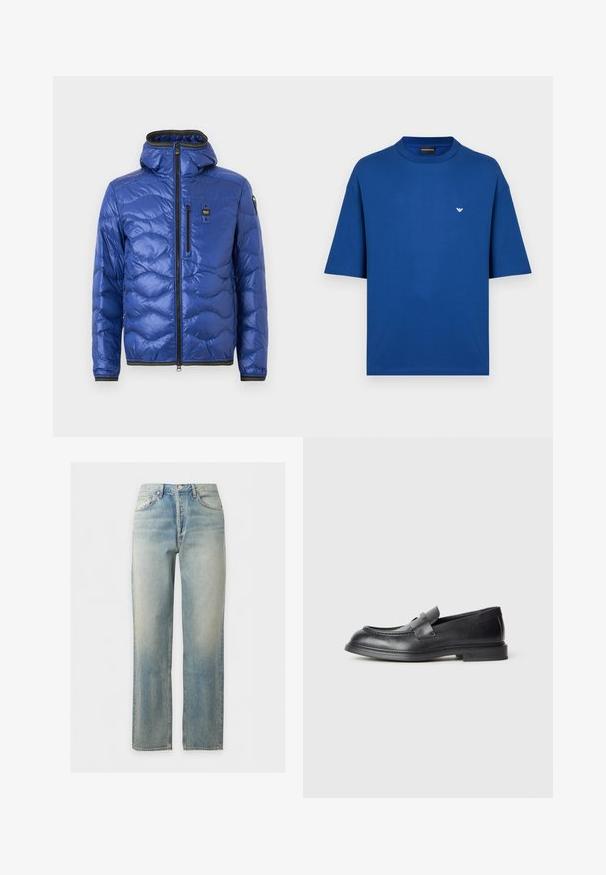 Veste matelassée bleue à capuche avec fermeture éclair frontale, poche poitrine zippée et poignets élastiques, présentée sur un fond uni.; T-shirt à manches courtes bleu royal en coton, avec un col rond et un petit logo d'aigle blanc sur le côté gauche de la poitrine.; Jean en denim délavé bleu clair avec coupe droite, fermeture à boutons et zip sur le devant, et design cinq poches.; Mocassins en cuir noir avec une finition texturée, dotés d'une bride décorative à l'avant et d'un bout arrondi. Semelle en caoutchouc pour plus de durabilité.