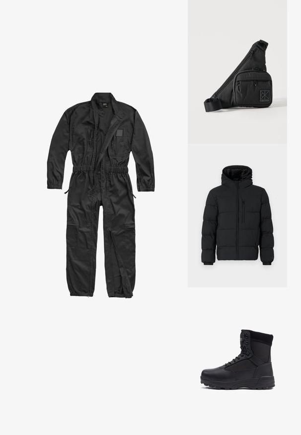 Zwarte pufferjack met capuchon, voorkant rits, borstzak met rits en elastische manchetten op een witte achtergrond.; Brandit BRANDIT HERREN EINSATZKOMBI - Jumpsuit - black; Zwarte tactical boot met een gladlederen bovenkant en stofpanelen, hoge enkelontwerp, vetersluiting aan de voorkant en robuuste rubberen zool.; Zwarte Calvin Klein crossbodytas met verstelbare band, voorvak met rits en een subtiel logopatroon op een effen achtergrond.