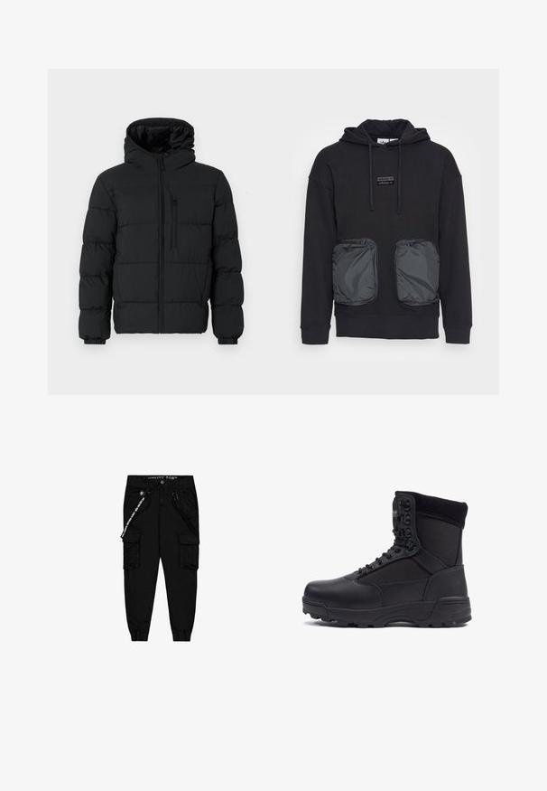 Schwarze Steppjacke mit Kapuze, Reißverschluss vorne, Brusttasche mit Reißverschluss und elastischen Bündchen auf einem weißen Hintergrund.; Schwarzer Kapuzenpullover mit lässiger Passform, ausgestattet mit zwei großen Reißverschlusstaschen aus glänzendem Material auf der Vorderseite. Kleines Logopatch über den Taschen.; Schwarze Cargo-Hose aus leichtem Stoff, mit zwei Seitentaschen, einem elastischen Bund und verstellbaren Beinabschlüssen.; Schwarzer taktischer Stiefel mit einem glatten Lederoberteil und Stoffpaneelen, hoher Knöchelgestaltung, schnürbarem vorderen Teil und robustem Gummisohle.