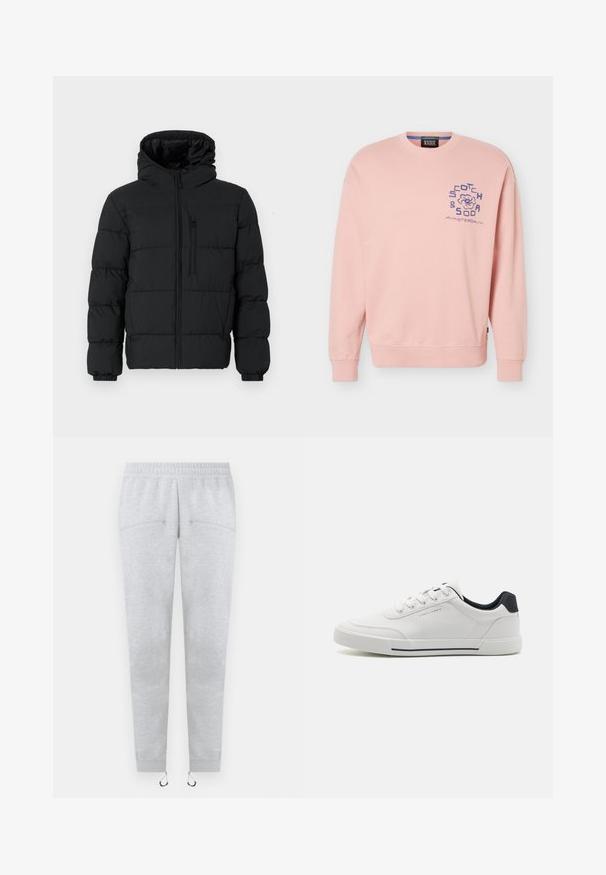 Sort puffjakke med hætte, frontlynlås, brystlynlåslomme og elastiske manchetter på en hvid baggrund.; Lyserød crewneck-sweatshirt med lange ærmer og lille blåt "Scotch & Soda Amsterdam"-logo på venstre bryst.; Lysegrå joggingbukser med elastisk talje, lynlåslommer i siden, manschetter ved anklerne og justerbare snore i kanterne.; Hvide sneakers med en glat syntetisk overdel, rund tå, snørebåndsdesign, marineblå accent på hælen og en tekstureret gummisål med en sort stribe.