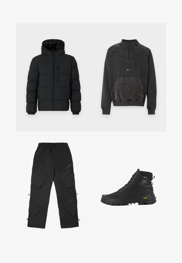 Zwarte pufferjack met capuchon, voorkant rits, borstzak met rits en elastische manchetten op een witte achtergrond.; Zwart gewassen halve rits sweater met kangoeroezak, geribde manchetten en zoom, en klein "A C W" logo op de borst.; Zwarte cargobroek gemaakt van een lichtgewicht, gestructureerd materiaal. Beschikt over een elastische tailleband, meerdere grote zakken en verstelbare manchetten.; Zwarte hoge laarzen met een gestructureerd oppervlak, voorzien van een waterdicht ontwerp, vetersysteem en een opvallende rubberen zool met Vibram-merktekens.