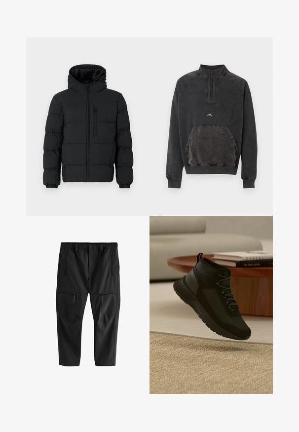Sort puffjakke med hætte, frontlynlås, brystlynlåslomme og elastiske manchetter på en hvid baggrund.; Sort sweatshirts med halv lynlås, kængurulomme, ribstrikkede manchetter og kant samt lille "A C W" logo på brystet.; Sorte letvægtsbukser med elastisk taljebånd, to sidelommer med lynlås og to cargolommer med lynlås. Glat tekstur og lige snit.; Sort høj-top sneaker med snørebånd, der svæver over beige tæppe, træ rundt bord med stabler af bøger i et lyst, moderne opholdsrum.