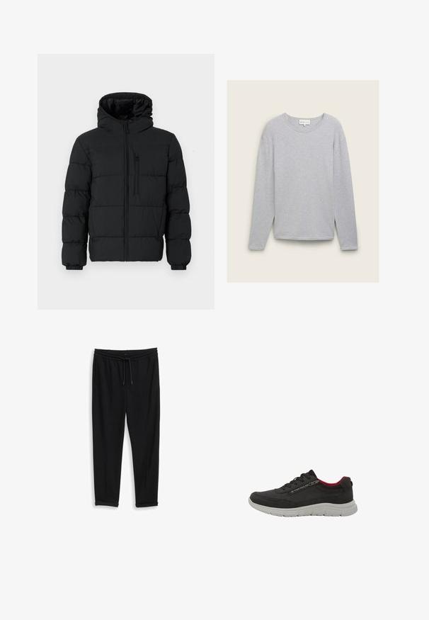 Schwarze Steppjacke mit Kapuze, Reißverschluss vorne, Brusttasche mit Reißverschluss und elastischen Bündchen auf einem weißen Hintergrund.; Grau gestrickter Pullover mit langen Ärmeln aus Rippstoff. Hat einen runden Ausschnitt und seitliche Schlitze am Saum für eine lockere Passform.; Schwarze, zulaufende Jogginghosen mit elastischem Bund, Kordelzugverschluss und glatter Stofftextur. Einfaches, funktionales Design ohne sichtbare Muster.; Schwarzer Sportschuh mit atmungsaktivem Obermaterial, weißer Zwischensohle und roten Akzenten am Kragen. Verfügt über eine Schnürung und ein Logodetail.
