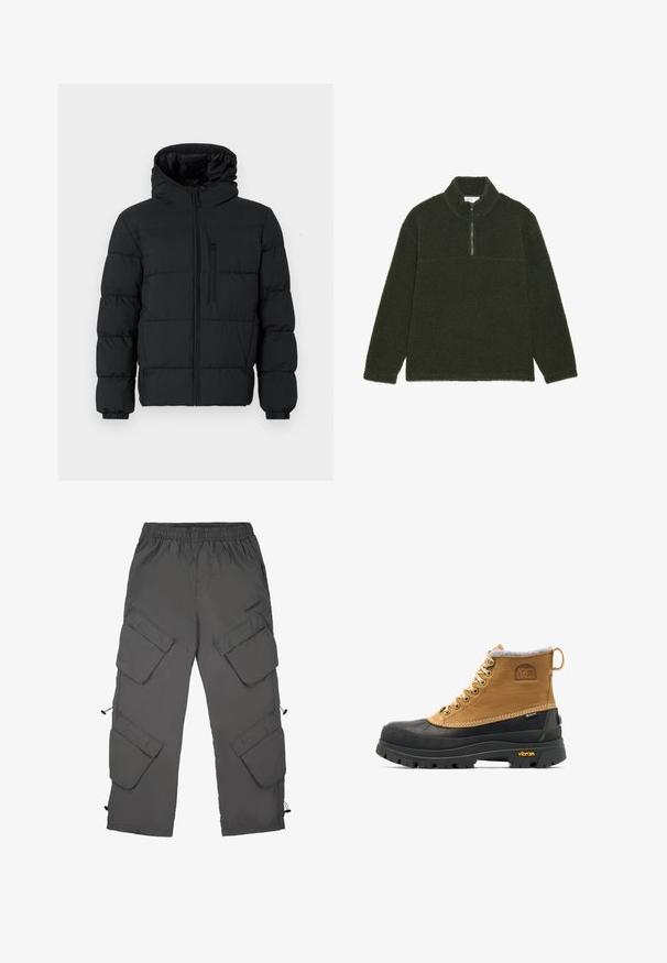 Sort puffjakke med hætte, frontlynlås, brystlynlåslomme og elastiske manchetter på en hvid baggrund.; Mørkegrøn fleece-pullover med høj krave, halv lynlås og en tekstureret overflade. Har en glat panel over brystet.; Cargo bukser i mørkegrå stof med elastisk talje, flere cargo-lommer, snoretræk ved bunden og en glat tekstur.; Brun og sort isoleret snørestøvle til vinter med gummisål og Vibram-mønster, med Sorel- og Gore-Tex-logoer.