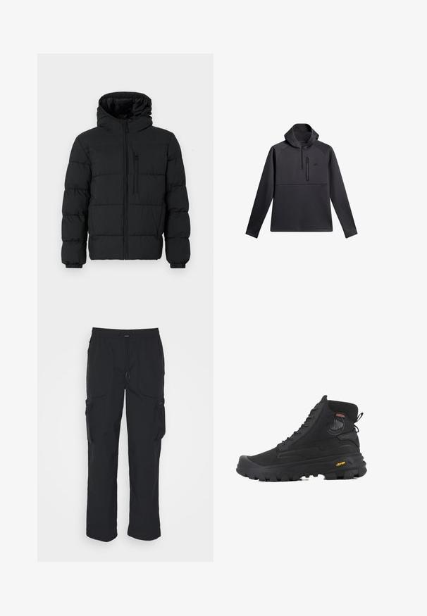 Sort puffjakke med hætte, frontlynlås, brystlynlåslomme og elastiske manchetter på en hvid baggrund.; Sort pullover med hætte, der har en kvart lynlås foran, raglanærmer og en lynlåslomme på brystet; glat tekstur og atletisk design.; Sorte cargo-bukser lavet af vævet stof. Har justerbar talje, sidelommer og to værktøjslommer med lynlås.; Sorte høj-top støvler med en tekstureret overflade, der har et vandtæt design, snøresystem og en markant gummisål med Vibram-branding.
