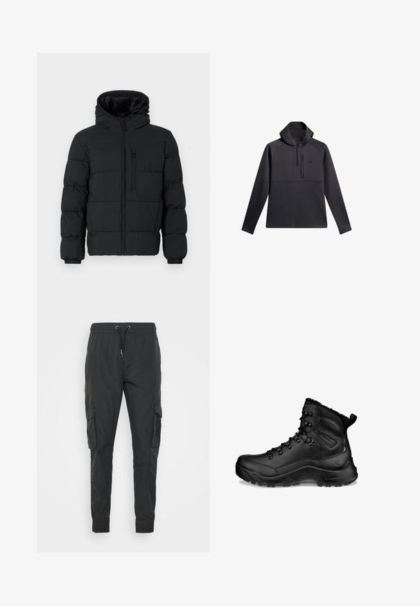 Sort puffjakke med hætte, frontlynlås, brystlynlåslomme og elastiske manchetter på en hvid baggrund.; Sort pullover med hætte, der har en kvart lynlås foran, raglanærmer og en lynlåslomme på brystet; glat tekstur og atletisk design.; Sorte cargo bukser lavet af letvægtsstof, med en justerbar snøre i taljen, elastiske manchetter og to sidelommer.; Sort høj vandrestøvle med polstret ankel, snørehager, robust sål og træksløjfe ved hælen, designet til udendørs brug og koldt vejr.