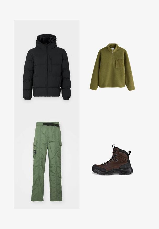 Sort puffjakke med hætte, frontlynlås, brystlynlåslomme og elastiske manchetter på en hvid baggrund.; Olivengrøn fleece pullover med lange ærmer, halv lynlås foran, ståkrave og tekstureret firkantet brystlomme på venstre side.; Cargo bukser i olivengrøn, lavet af let materiale. Har et sort bælte, cargo-lommer på siderne og syningsdetaljer.; Brun vandresko med et struktureret læderoverdel, sort gummitåhætte, forstærkede snørrebukser og en robust sål til godt greb.