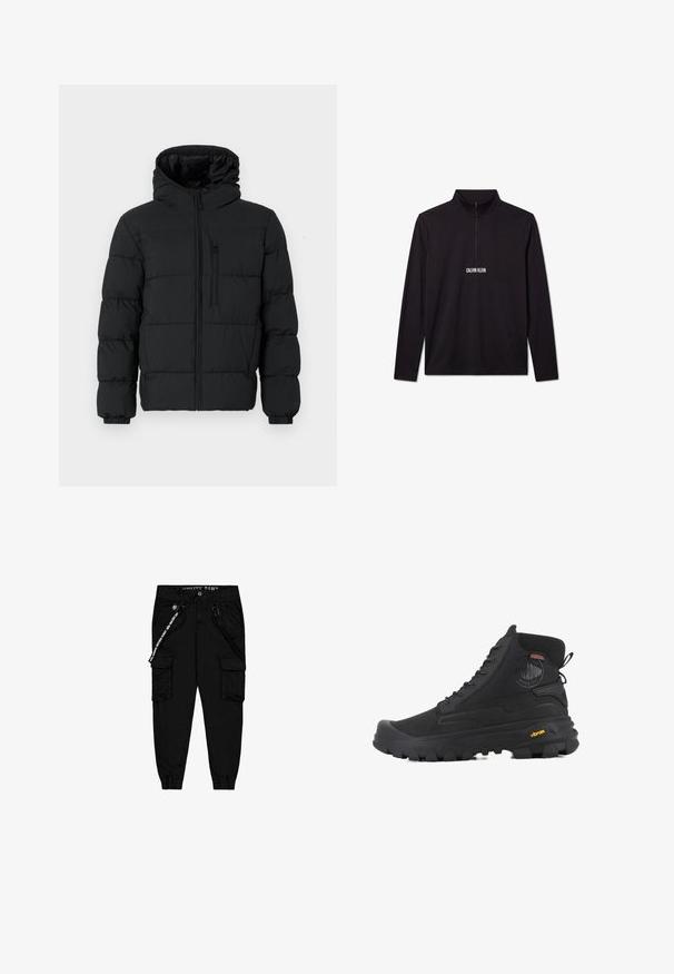 Sort puffjakke med hætte, frontlynlås, brystlynlåslomme og elastiske manchetter på en hvid baggrund.; Sort Calvin Klein pullover med lange ærmer, kvart lynlås og hvidt logo trykt på brystet.; Sorte cargo bukser lavet af letvægtsstof, med to sidelommer, en elastisktalje og justerbare ankelmanchetter.; Sorte høj-top støvler med en tekstureret overflade, der har et vandtæt design, snøresystem og en markant gummisål med Vibram-branding.