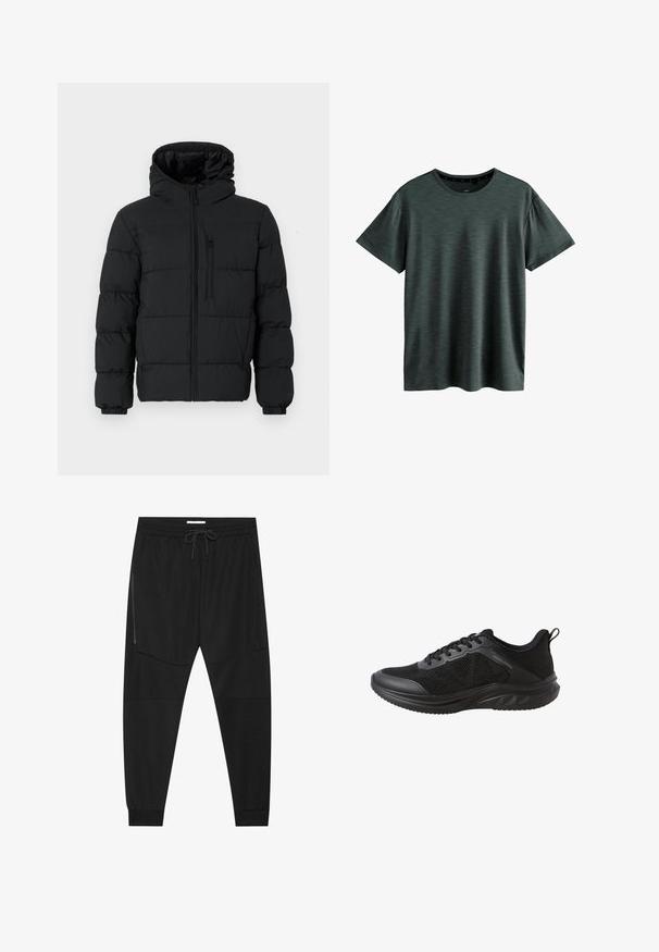 Sort puffjakke med hætte, frontlynlås, brystlynlåslomme og elastiske manchetter på en hvid baggrund.; Mørkeblå T-shirt lavet af blødt, struktureret stof. Har en klassisk rund hals og korte ærmer med et subtilt mønster. Ingen synlige logoer.; Sorte træningsbukser lavet af tekstureret stof, med justerbar talje, lynlåslomme på siden og tapered cuffs.; Sort atletiksneakers med mesh-overdel, snørelukning foran, tekstureret sål og "Jack & Jones" mærkning på siden.