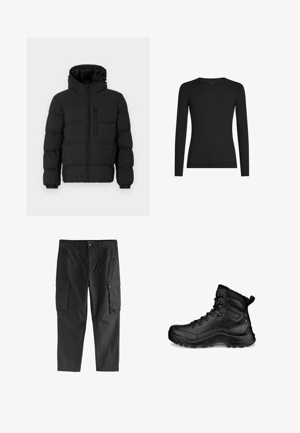 Schwarze Steppjacke mit Kapuze, Reißverschluss vorne, Brusttasche mit Reißverschluss und elastischen Bündchen auf einem weißen Hintergrund.; Schwarzes, langärmeliges, figurbetontes T-Shirt mit Rundhalsausschnitt und dezentem Icebreaker-Logo auf dem linken Ärmel, dargestellt vor weißem Hintergrund.; Schwarze Cargo-Hosen mit Reißverschlusstaschen vorne, seitlichen Taschen mit Klappen und Knöpfen sowie Gürtelschlaufen, präsentiert vor weißem Hintergrund.; Schwarzer hoher Wanderschuh mit gepolstertem Knöchel, Schnürhaken, robuster Sohle und Zuglasche an der Ferse, entworfen für den Außeneinsatz und kaltes Wetter.