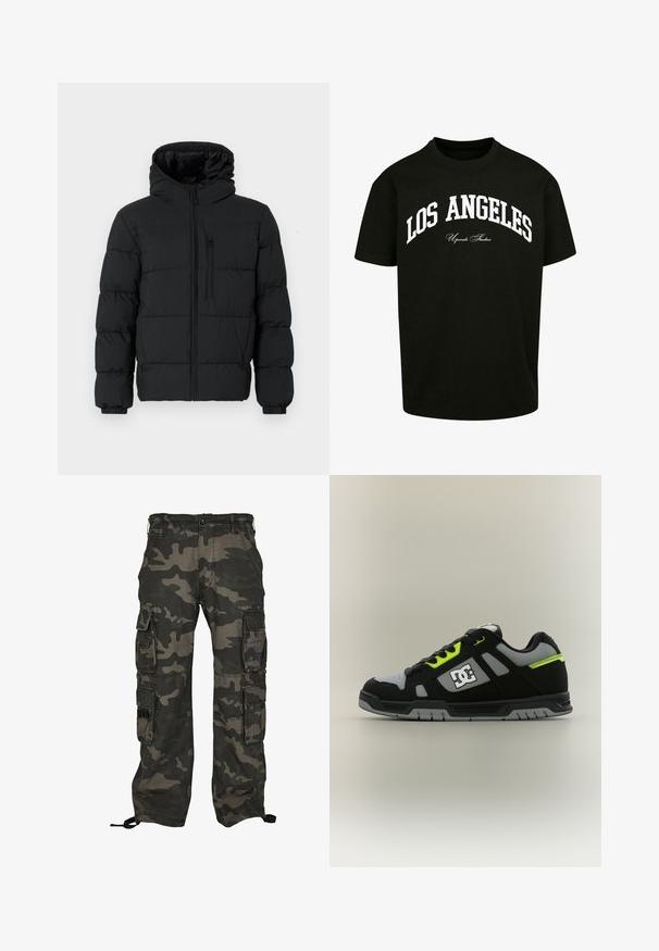Zwarte pufferjack met capuchon, voorkant rits, borstzak met rits en elastische manchetten op een witte achtergrond.; Zwart katoenen T-shirt met "LOS ANGELES" in vette witte letters en "Upscale Studios" in een kleinere, cursieve lettertype eronder.; Camouflage cargobroek in donkergroen en grijs, met meerdere zijzakken, een knoopsluiting en verstelbare enkelkoordjes.; Zwarte en grijze lage sneaker met neon gele accenten, zwarte veters en een wit DC-logo op de zijkant, tegen een effen lichtgrijze achtergrond.