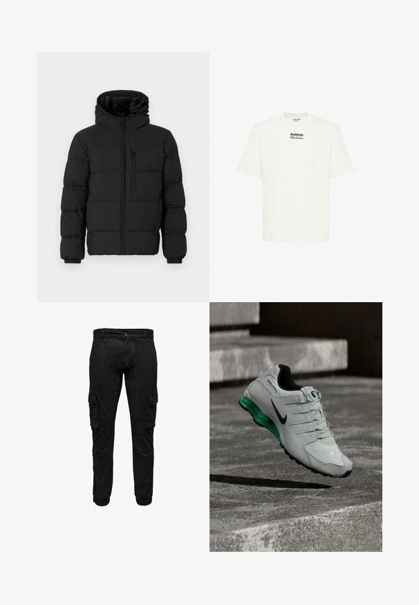 Musthave heledad puffer-jakk, esifermetiga, rinnafikitud lukuga tasku ja elastsete mansettidega valgel taustal.; Valge puuvillane t-särk lühikeste varrukatega, millel on must trükitud graafika, kus on kirjas "Tegevused Otsused" rinnal.; Mustad cargo-püksid külgtaskutega, elastsete mansettide, ees oleva nööbi ja tõmblukuga.; Valge ja must Nike jooksujalats rohelist pehmendusega keskmise tallaga, hõljub üle betoonpinna ja treppide taustal.
