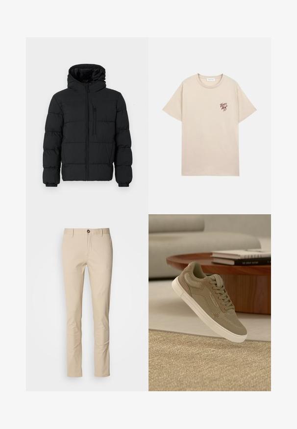 Zwarte pufferjack met capuchon, voorkant rits, borstzak met rits en elastische manchetten op een witte achtergrond.; Beige T-shirt met korte mouwen, ronde hals en klein bruin bloemmotief op de linkerborst.; Beige katoenen broek met een slim fit, voorzien van een knoopsluiting, subtiele textuur en standaardzakken. Eenvoudig ontwerp, zonder patronen of accenten.; Beige casual sneaker met mesh- en suède details, witte zool, zwevend boven een gestructureerd beige tapijt in een moderne woonkamer.