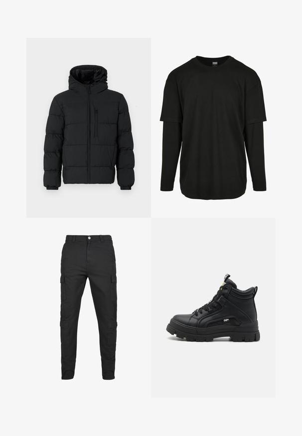 Sort puffjakke med hætte, frontlynlås, brystlynlåslomme og elastiske manchetter på en hvid baggrund.; Urban Classics OVERSIZED SHAPED DOUBLE LAYER LS TEE - Langærmet T-shirt - black/black; Sorte cargo bukser lavet af slidstærkt stof. Har flere sidelommer, knaplukning og en tapered ben-design. Flad front, ingen mønstre.; Sorte sneakers støvler lavet af tekstureret læder, med en tyk gummisål, snørebånd foran og en lille logo detalje på siden.