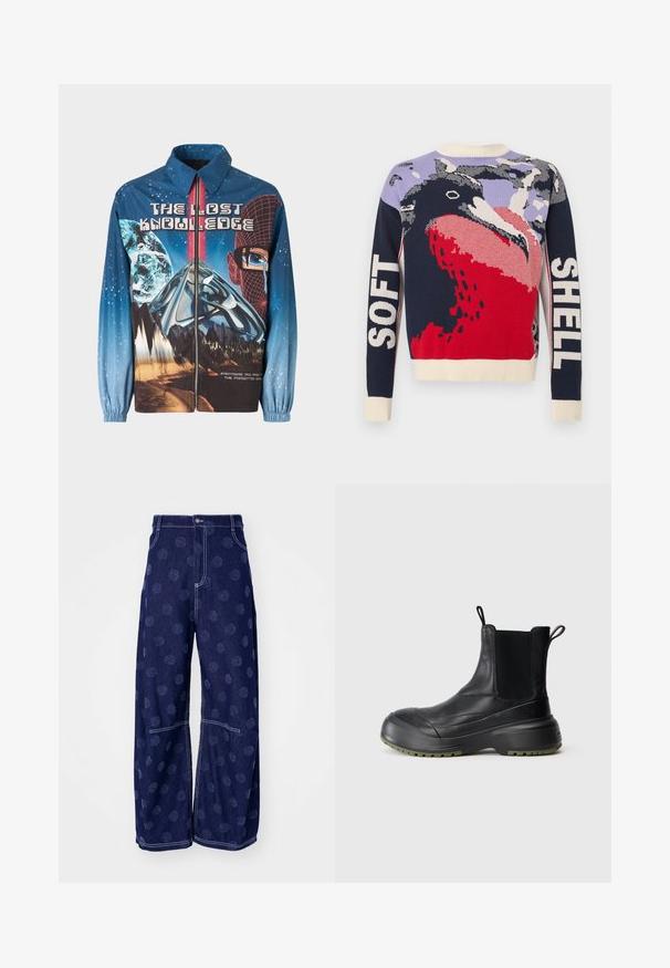 Blå, grafisk zip-up jakke med et kosmisk tema, der inkluderer planeter og bjerge. Elastiske manchetter, fed tekst og levende designelementer.; Farverig strikket sweater med fuglegrafik i rød, marineblå og lavendel. Teksten "SOFT" og "SHELL" på ærmerne. Ribbet halsudskæring og manchetter.; Henrik Vibskov DART PANTS - Jeans Relaxed Fit - dark blue; Sort læder ankelstøvle med elastisk sidepanel, rund tå og tyk gummisål med olivengrønne accenter og trækstropper.