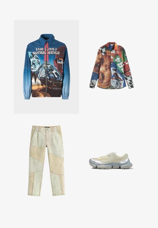 Chaqueta azul de tipo zip-up con un tema cósmico que presenta planetas y montañas. Puños elásticos, texto en negrita y elementos de diseño vibrantes.; Camisa de manga larga con botones y estampado gráfico colorido que incluye un torso tonificado, número 84, traje de carreras y patrones a cuadros.; Pantalones de patchwork beige y caqui claro con cierre de botón, trabillas para cinturón, bolsillos delanteros y corte recto.; Zapatilla baja en beige y plateado con suela gruesa y cordones delanteros, mostrada de perfil sobre fondo blanco.