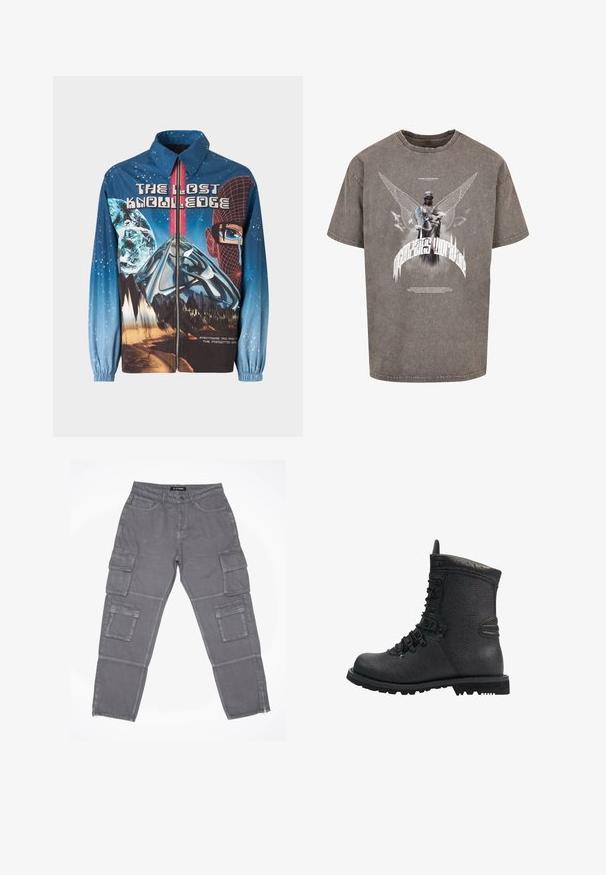 Chaqueta azul de tipo zip-up con un tema cósmico que presenta planetas y montañas. Puños elásticos, texto en negrita y elementos de diseño vibrantes.; Camiseta gris de gran tamaño hecha de algodón, con un estampado gráfico de una estatua alada y texto estilizado en la parte frontal.; Pantalones cargo grises con una tela ligeramente texturizada, que cuentan con múltiples bolsillos laterales, un dobladillo con cremallera y un cierre de botón en la cintura.; Bota de senderismo de cuero negro con acabado texturizado, cuello acolchado y suela de goma gruesa. Presenta ojales de metal y acentos negros contrastantes.